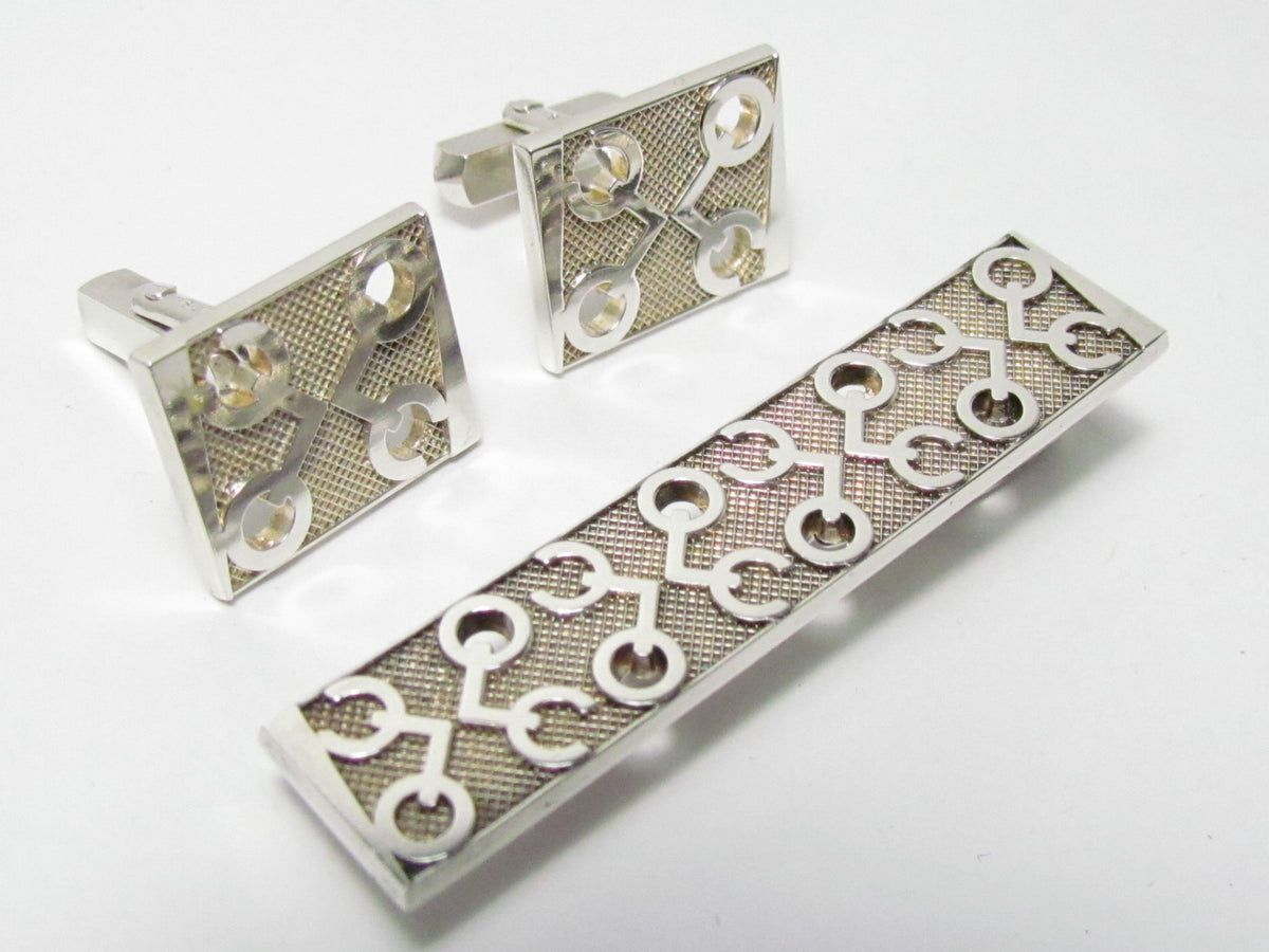 VINTAGE 925 SILVER TECH CUFF LINK & TIE CLIP SET ~ VERY COOL