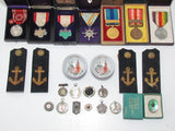 ALL WW2 AND EARLIER MEDAL BADGE SHOULDER BOARDS, SAKE CUPS LOT WWII