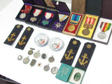 ALL WW2 AND EARLIER MEDAL BADGE SHOULDER BOARDS, SAKE CUPS LOT WWII